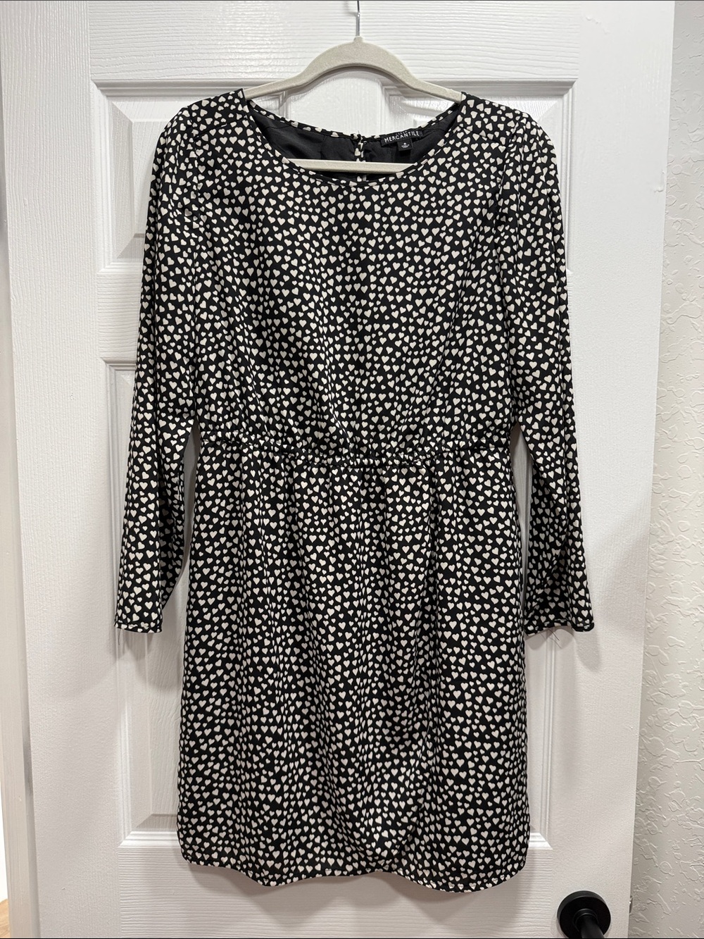 J. Crew Black Dress with White Heart Print, Long Sleeve